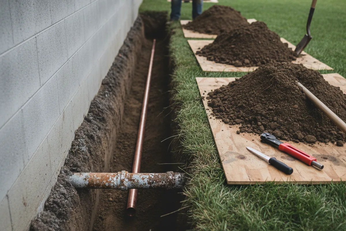 Excavated water line trench during Sewer Line Repair in Alexandria Bay